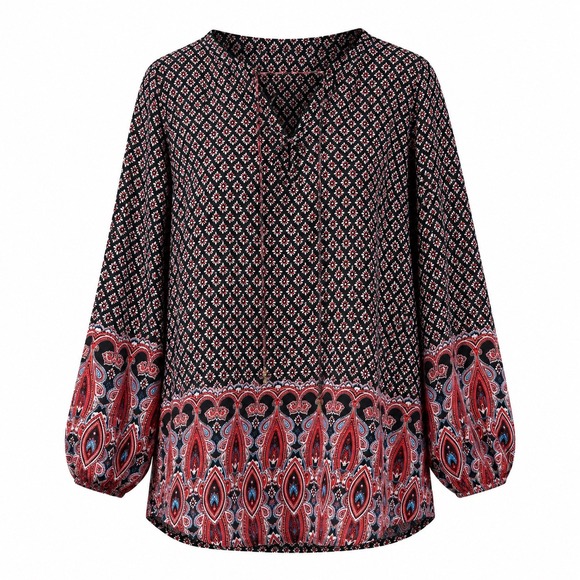Time To Bloom Tops - Time To Bloom Boho Paisley 3X Lace Up V-Neck Balloon Sleeve Blouse Black hippie